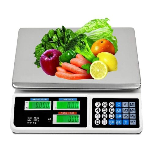 Digitális árazómérleg 40 kg-ig - árszorzós bolti mérleg 3 LCD kijelzővel - 5 gramm pontosság, rozsdamentes acél mérőtálca 